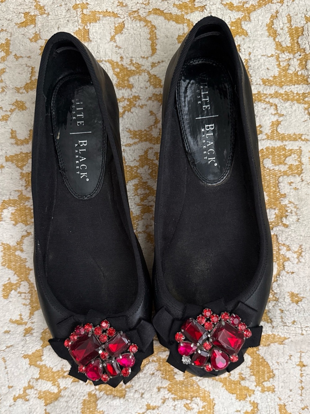 White House Black Market Black Leather Flats with Red jeweled accents size 8M